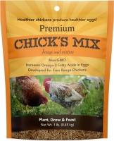 Small orange bag of grass seed with the words Premium Chick's Mix and a photo of a chicken