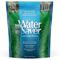 Blue bag of grass seed with the words RTF Water Saver Lawn Seed Mixture