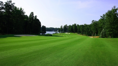 Green golf course fairway under blue skies with evergreen trees lining the course.
