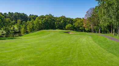Green golf course fairway under a clear blue sky.