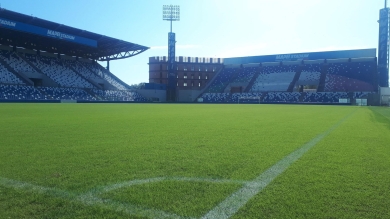 Monaco bermudagrass on Mapei Soccer stadium under a clear blue sky