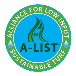 Round logo with green and blue background with the words A-LIST alliance for low input sustainable turf