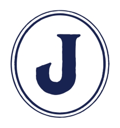 Circular logo with a navy blue J 