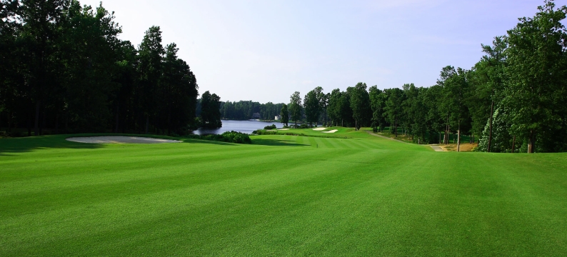 Green golf course fairway under blue skies with evergreen trees lining the course.