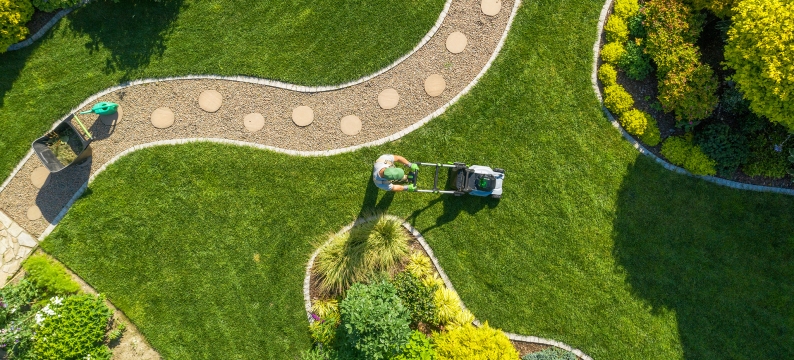 Overhead view of landscaper mowing a yard with grass, bushes, and path
