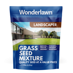 Blue bag with the words Wonderlawn Landscaper Grass Seed Mixture