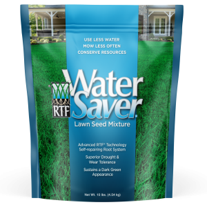 Blue bag of grass seed with the words RTF Water Saver Lawn Seed Mixture