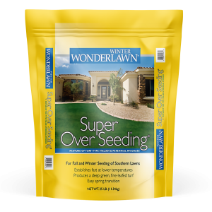 Yellow bag of grass seed with a picture of an upscale house and the words Winter Wonderlawn Super Over Seeding
