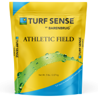 Yellow bag of grass seed with the words Turf Sense by Barenbrug Athletic Field