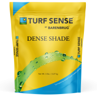 Large yellow bag of grass seed with the words Turf Sense by Barenbrug Dense Shade