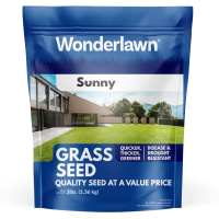 Blue bag of grass seed with the words Wonderlawn, Sunny, Grass Seed