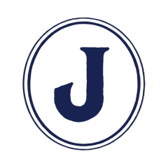 Circular logo with a navy blue J 